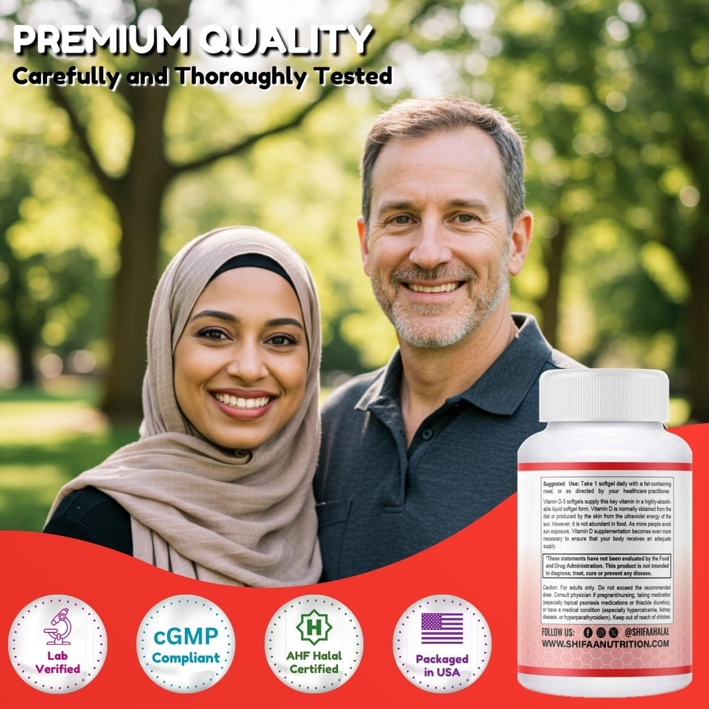 SHIFAA NUTRITION Vitamina D3 5000 IU Halal - 120 Cápsulas Blandas - No-GMO, Sin Gluten