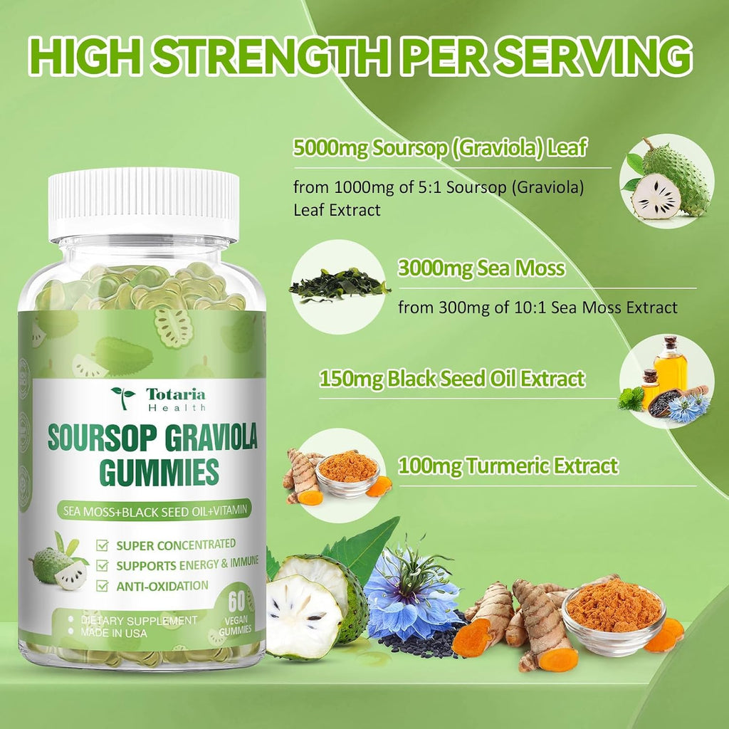 Totaria Sugar Free Soursop Oil Graviola Sea Moss Gummies - Apoyo Digestivo, Sueño, Piel, Inmunidad y Antioxidante - Guanábana con Musgo Marino, 150mg Aceite de Semilla Negra Orgánico No-OGM Vegano