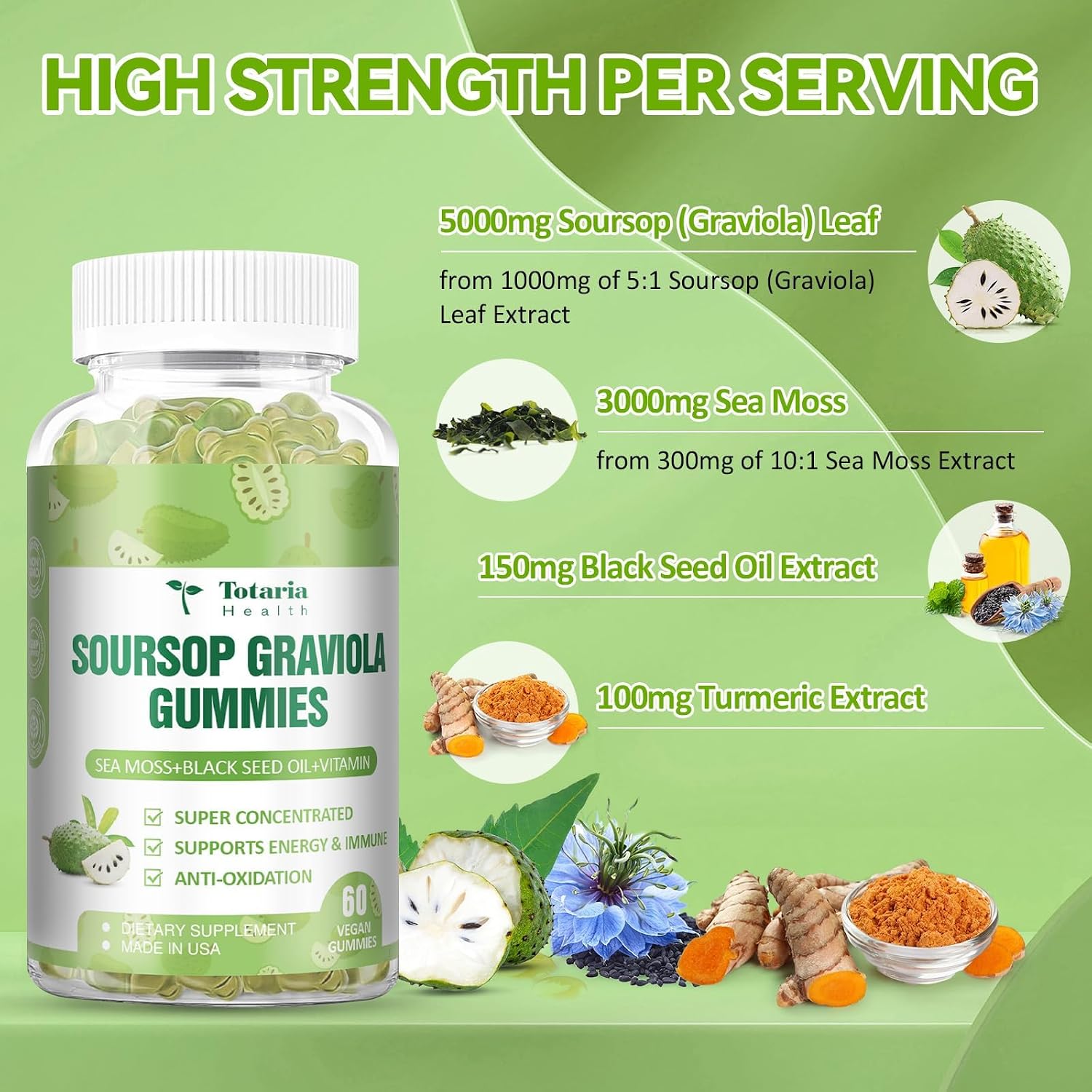 Totaria Sugar Free Soursop Oil Graviola Sea Moss Gummies - Apoyo Digestivo, Sueño, Piel, Inmunidad y Antioxidante - Guanábana con Musgo Marino, 150mg Aceite de Semilla Negra Orgánico No-OGM Vegano