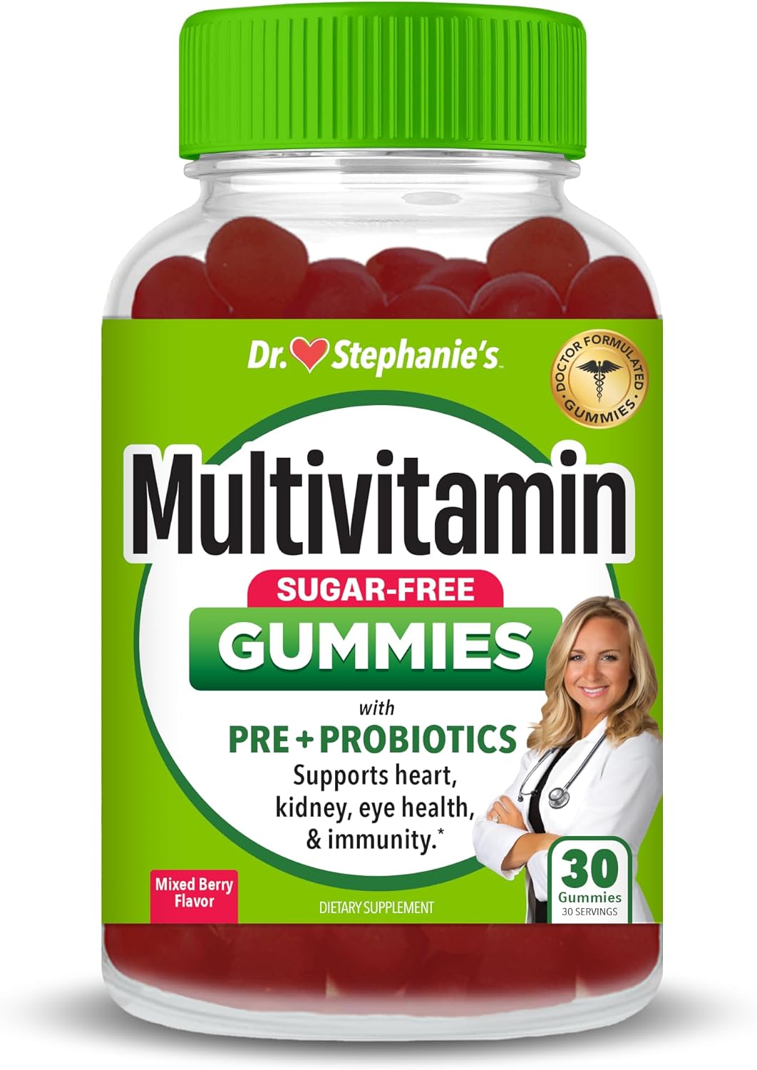 Gominolas Multivitamínicas Sin Azúcar con Prebióticos y Probióticos - Apoyo Diario para Ojos, Riñones, Hígado, Corazón y Digestión - Sabor a Bayas Mixtas - Dr. Stephanie's