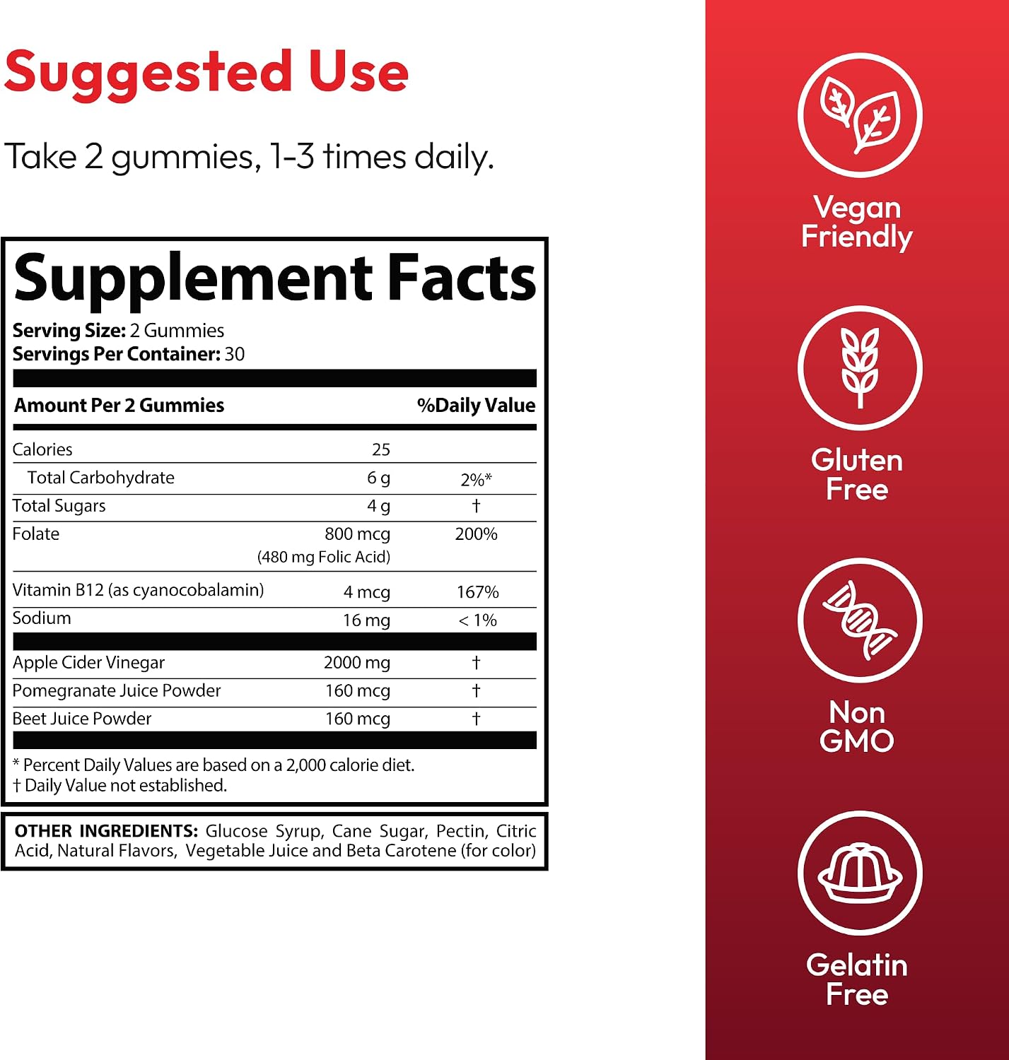 Justified Laboratories Vital Grow XL Gummies Extreme (2000 mg) - 60 Gominolas - Con Vinagre de Manzana, Folato y Vitamina B12 - No Transgénico, Vegano, Sin Gluten - 30 Dosis