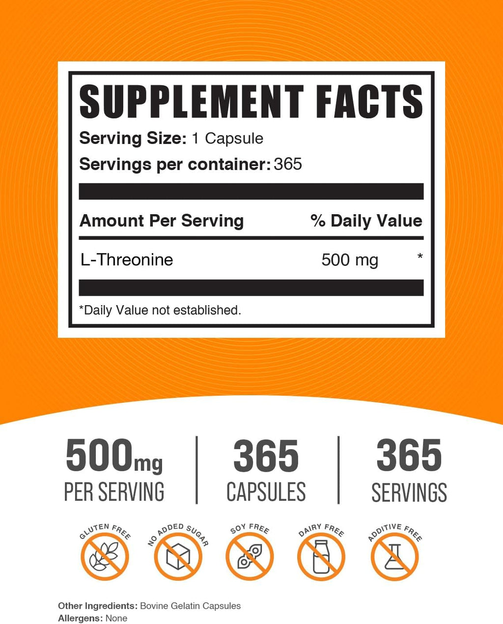 BulkSupplements.com L-Treonina Cápsulas - Suplemento de L-Treonina 500mg - 365 Cápsulas