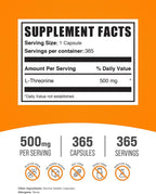 BulkSupplements.com L-Treonina Cápsulas - Suplemento de L-Treonina, Treonina 500mg - Aminoácido, Sin Gluten, 1 Cápsula por Dosis, 365 Cápsulas (Pack de 1)