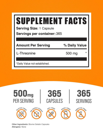 BulkSupplements.com L-Treonina Cápsulas - Suplemento de L-Treonina, Treonina 500mg - Aminoácido, Sin Gluten, 1 Cápsula por – Image 2