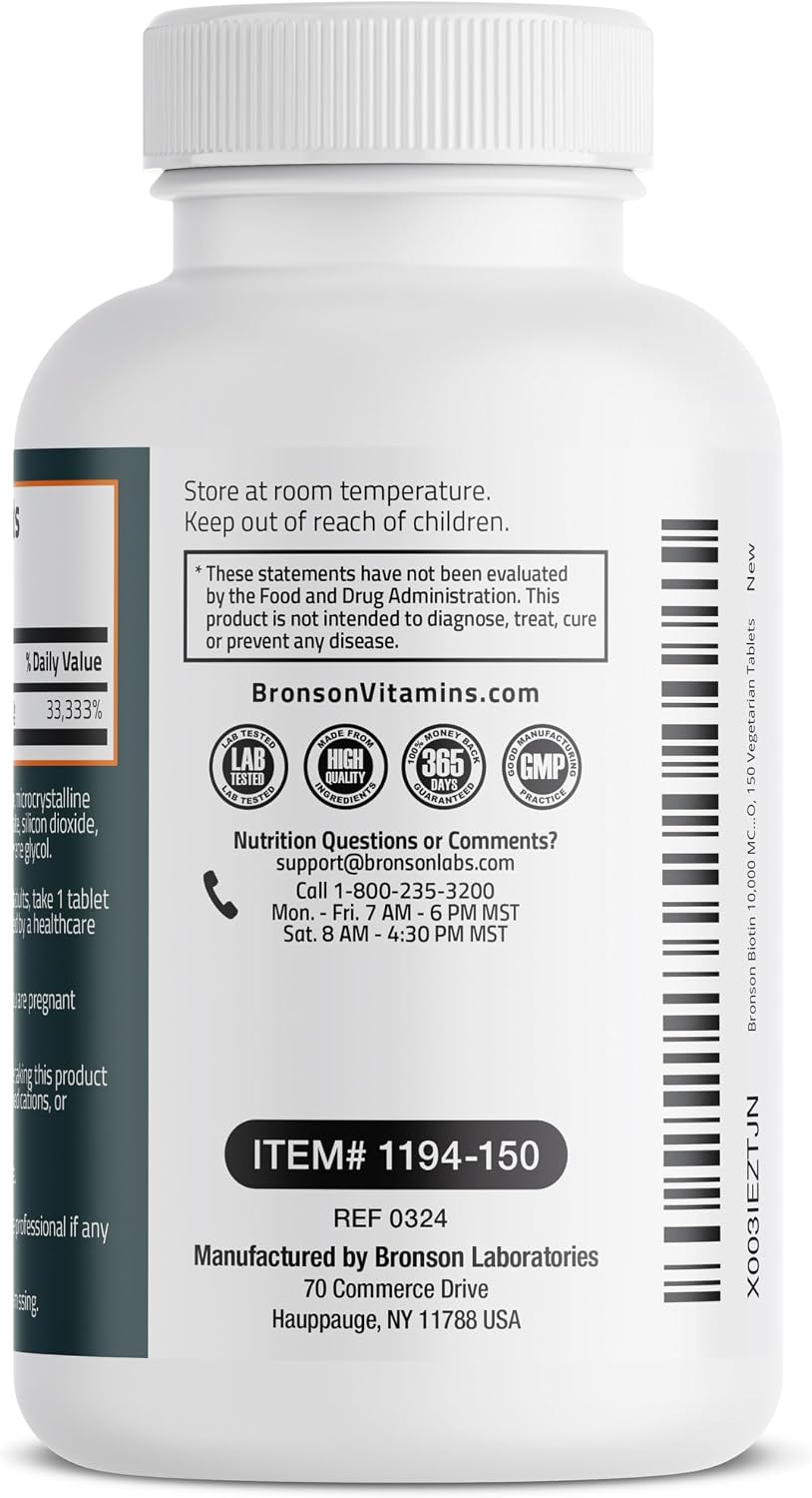 Bronson Biotina 10,000 mcg – Cabello, Piel y Uñas – Vegano – No Transgénico – 150 Comprimidos