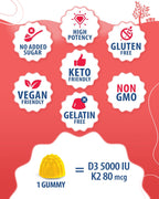 SUNNY SAM Vitamin D3 K2 Gummies 5000 UI, Sin Azúcar, 30 Gominolas