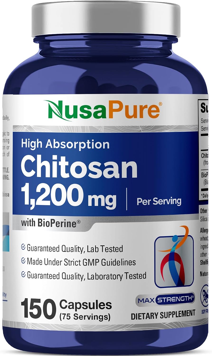 NusaPure Chitosan 1200mg con Bioperine - 150 Cápsulas - Sin OGM y Sin Soja