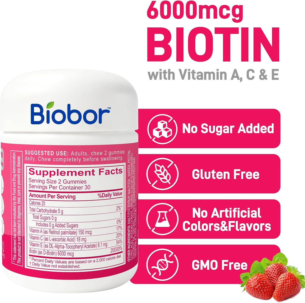 Biobor Natural Biotina 6000mcg Gominolas sin Azúcar, Cabello Piel y Uñas con Vitaminas A C E, 60 Gominolas Sabor Fresa