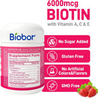 Biobor Natural Biotina 6000mcg Gominolas sin Azúcar, Cabello Piel y Uñas con Vitaminas A C E, 60 Gominolas Sabor Fresa