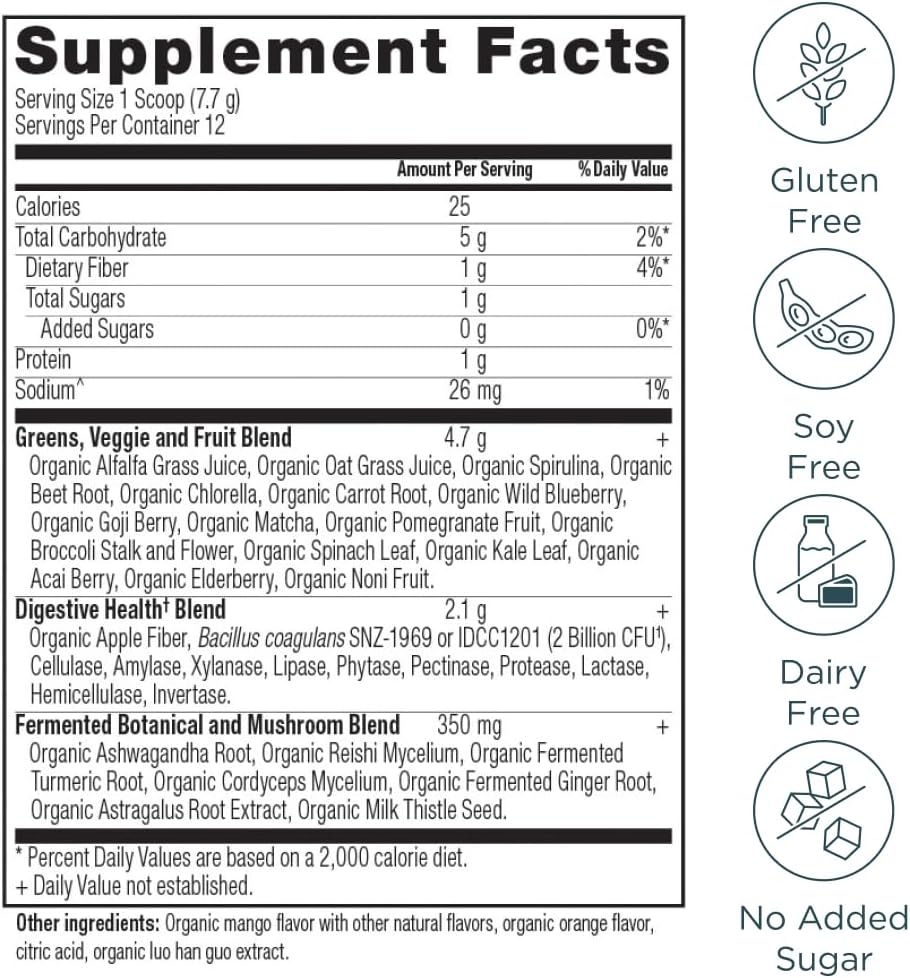 Ancient Nutrition SuperGreens Powder con Probióticos, Sabor Mango Orgánico, 12 servicios, 93 g