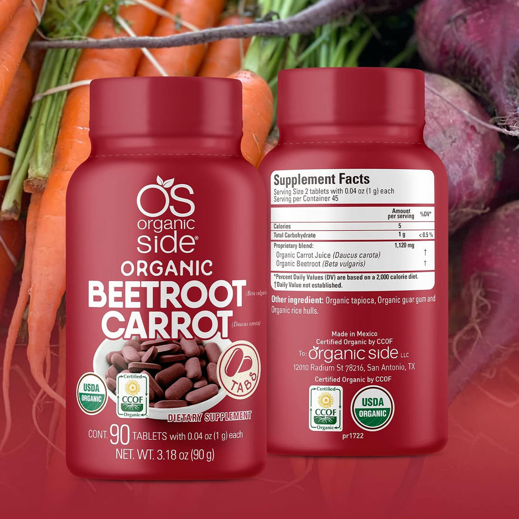 OS Organic Side Comprimidos de Remolacha y Zanahoria Orgánicos | 90 Comprimidos | 1120 mg | Certificado USDA | No-GMO, Vegano