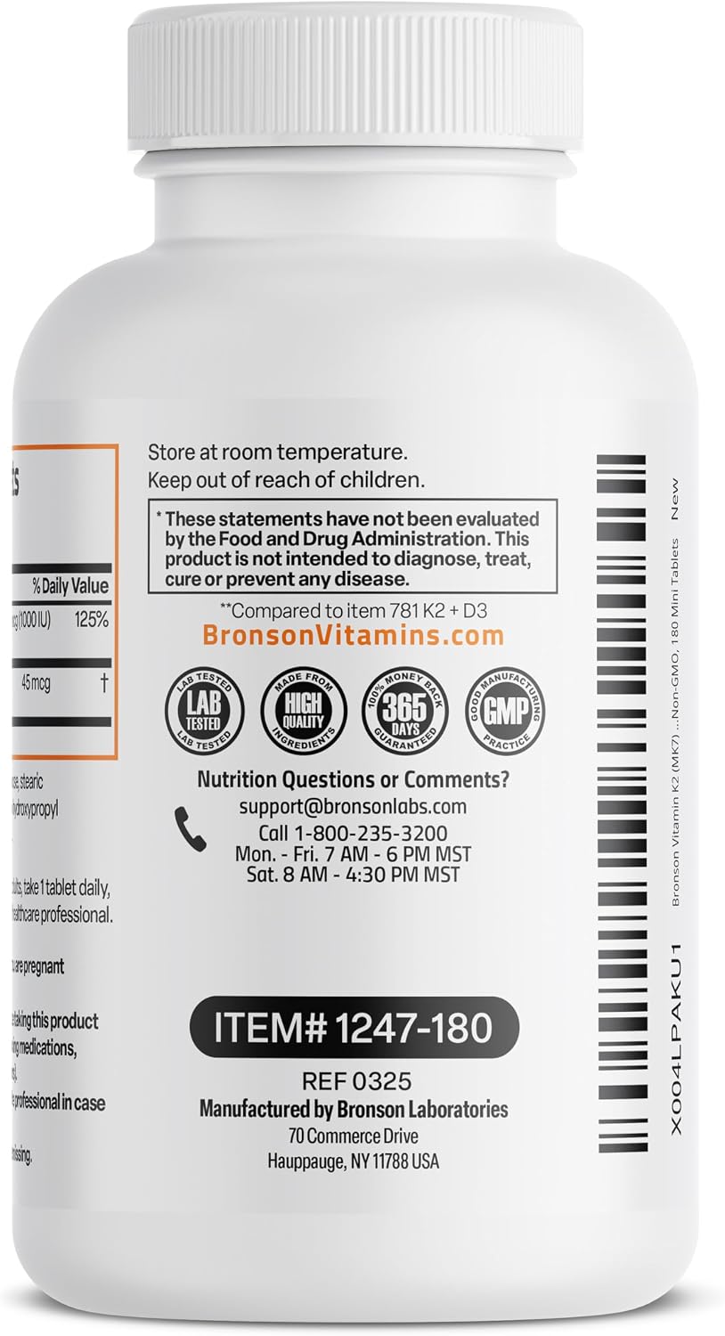 Bronson Vitamina K2 (MK-7) con D3 Dosis Baja 45 mcg K2 y 1000 UI D3 Comprimidos Mini para Mantenimiento Diario 2 en 1 No GMO, 180 Comprimidos