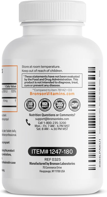 Bronson Vitamina K2 (MK-7) con D3 Dosis Baja 45 mcg K2 y 1000 UI D3 Comprimidos Mini para Mantenimiento Diario 2 en 1 No – Image 7