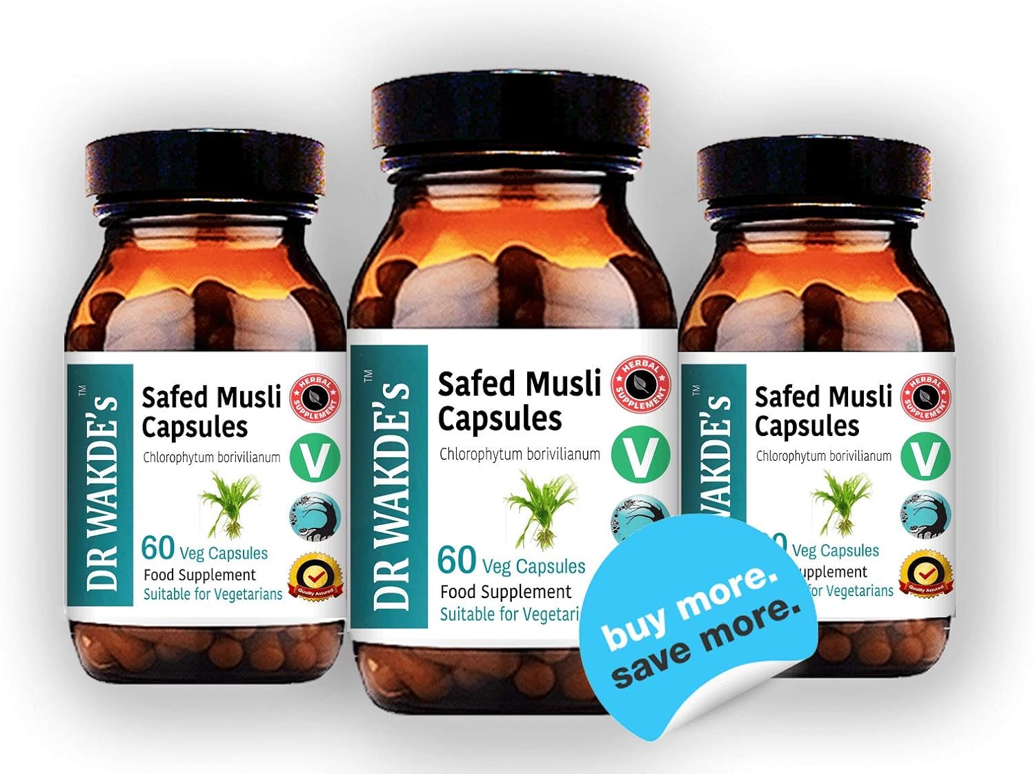 Cápsulas de Safed Musli de DR WAKDE (Chlorophytum borivilianum) - 60 Cápsulas Veganas - Suplemento Herbal Ayurvédico