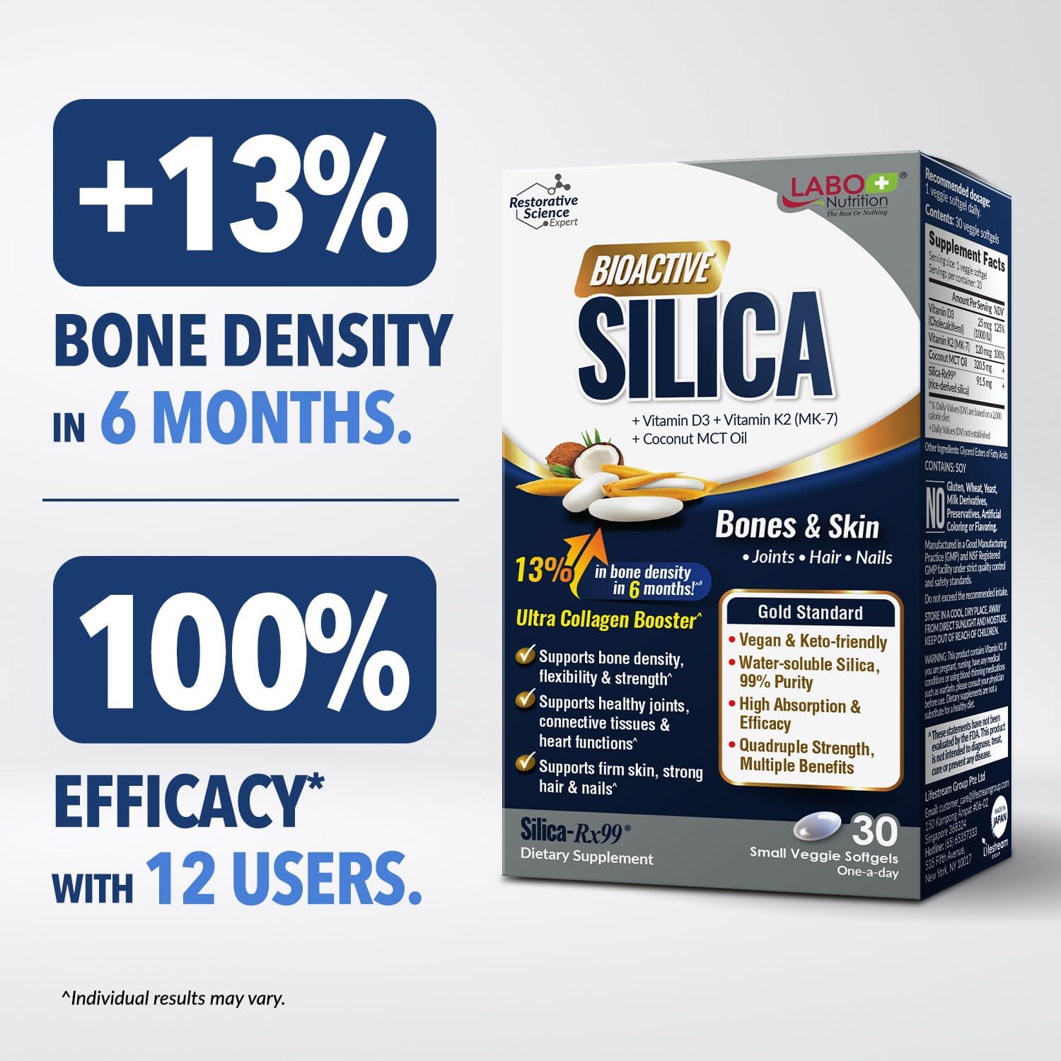 LABO Bioactive Silica - Pack de 3 - 90 Cápsulas Veganas - Sílice de Arroz 99% Pureza para Huesos y Articulaciones
