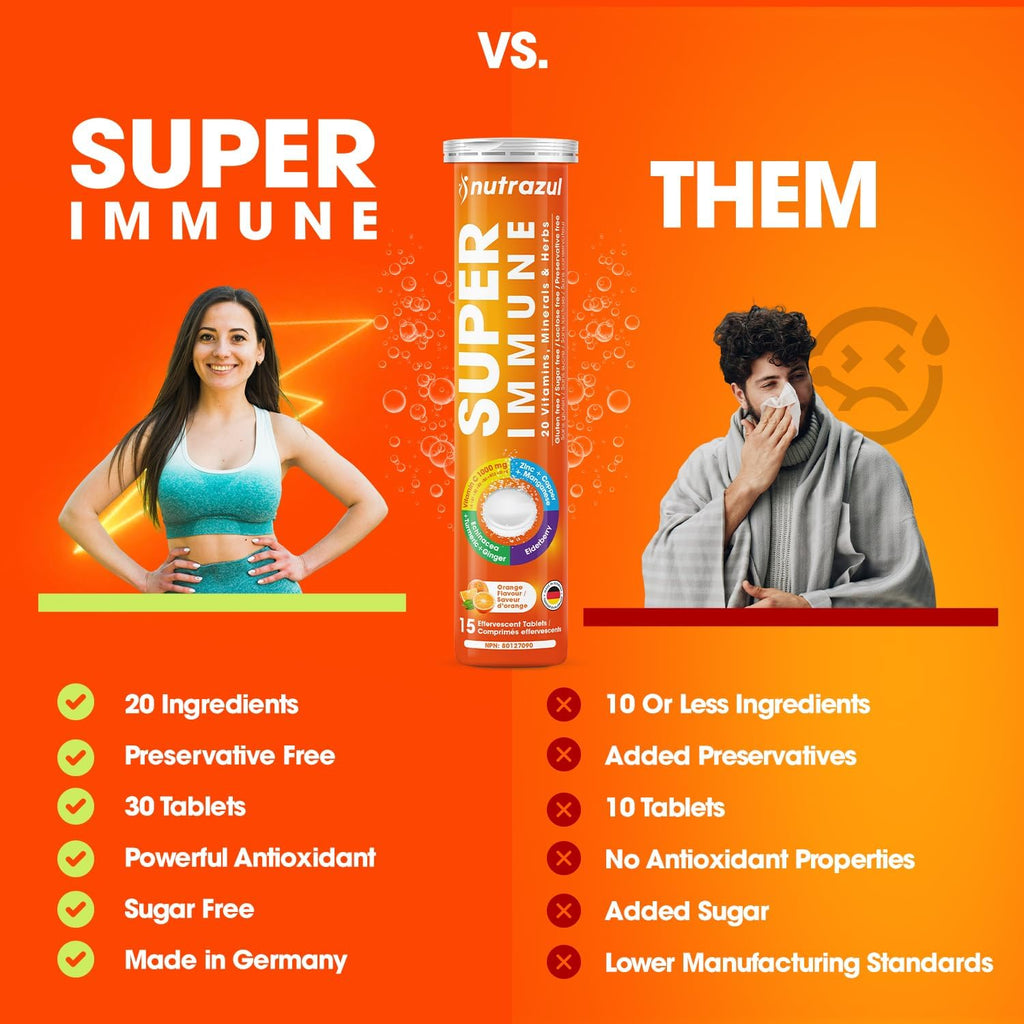 nutrazul Super Immune 30 comprimidos efervescentes – 20 vitaminas y minerales, extractos de saúco y equinácea, Vitamina C, Zinc, sin gluten, sin azúcar, sabor naranja