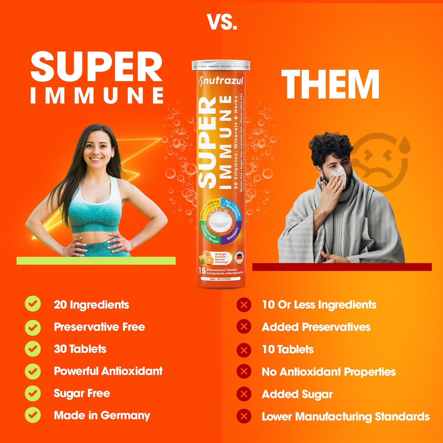nutrazul Super Immune 30 comprimidos efervescentes – 20 vitaminas y minerales, extractos de saúco y equinácea, Vitamina C, Zinc, sin gluten, sin azúcar, sabor naranja