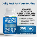 Complejo B Metilado con Metilfolato y B12 Metilcobalamina 1000 mcg - Multivitamínico para Energía, Función Cerebral y Bienestar - Complejo de Vitamina B para Hombres y Mujeres (360 porciones, Pack de 4)