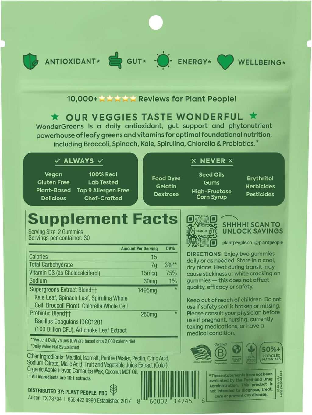 Plant People WonderGreens Gominolas de Super Greens con Probióticos - 60 uds