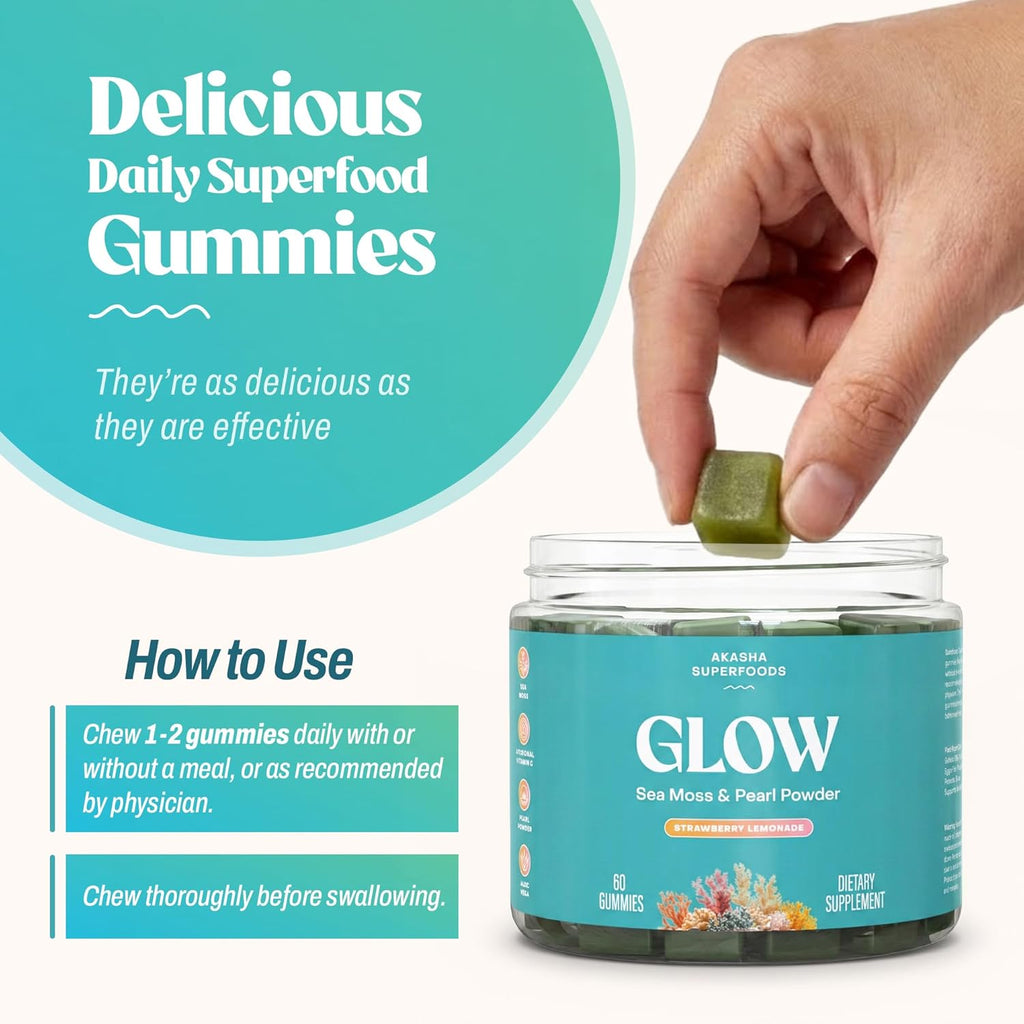 Akasha Superfoods Sea Moss Gummies con Irish Sea Moss, Perla en Polvo, Vitamina E, Aloe Vera y Vitamina C Liposomal, 60 Gominolas