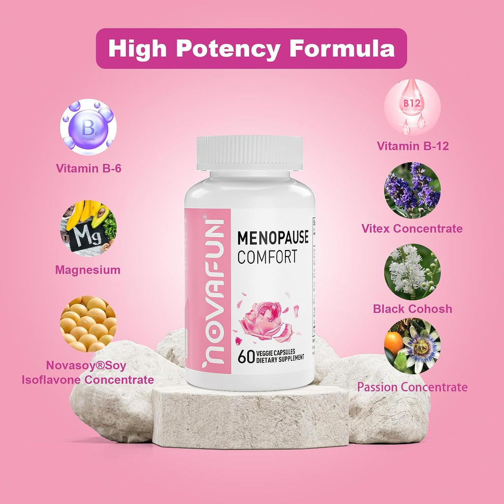 Novafun Menopause Relief Capsules for Women, with Novasoy Soy Isoflavone, Black Cohosh, Passion Flower, Vitex, Vitamin B6, B12, Magnesium (60 cápsulas)
