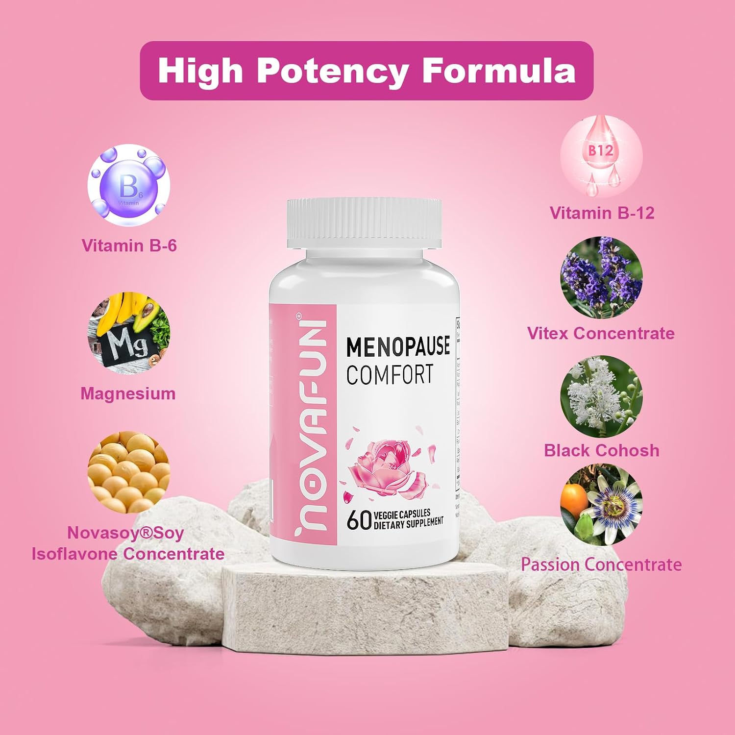 Novafun Menopause Relief Capsules for Women, with Novasoy Soy Isoflavone, Black Cohosh, Passion Flower, Vitex, Vitamin B6, B12, Magnesium (60 cápsulas)