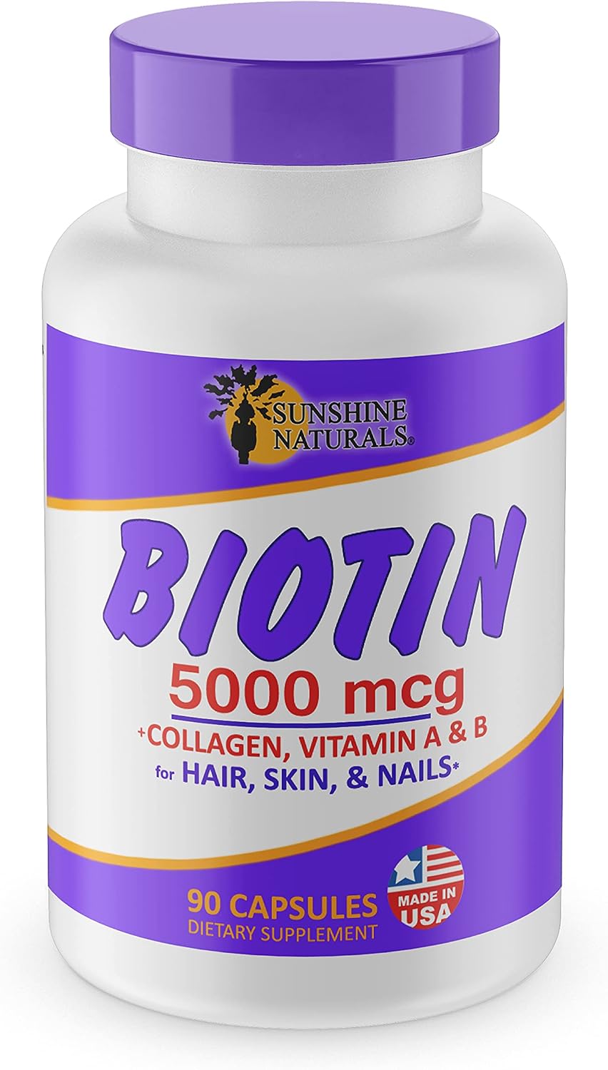 Sunshine Naturals Biotina 5000 mcg - Complemento Alimenticio para Cabello, Piel y Uñas - 90 Cápsulas (Pack de 5)