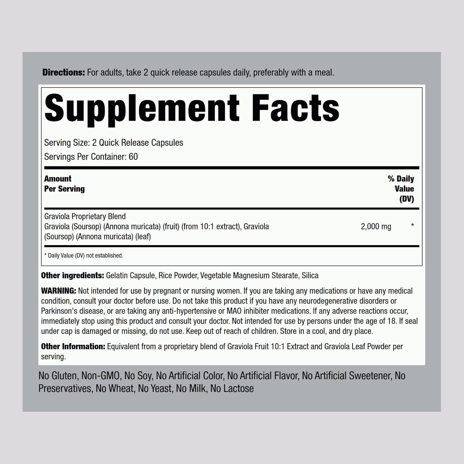 Piping Rock Graviola Soursop Cápsulas | 120 uds | Suplemento de Hojas | Extracto Concentrado | No Transgénico, Sin Gluten