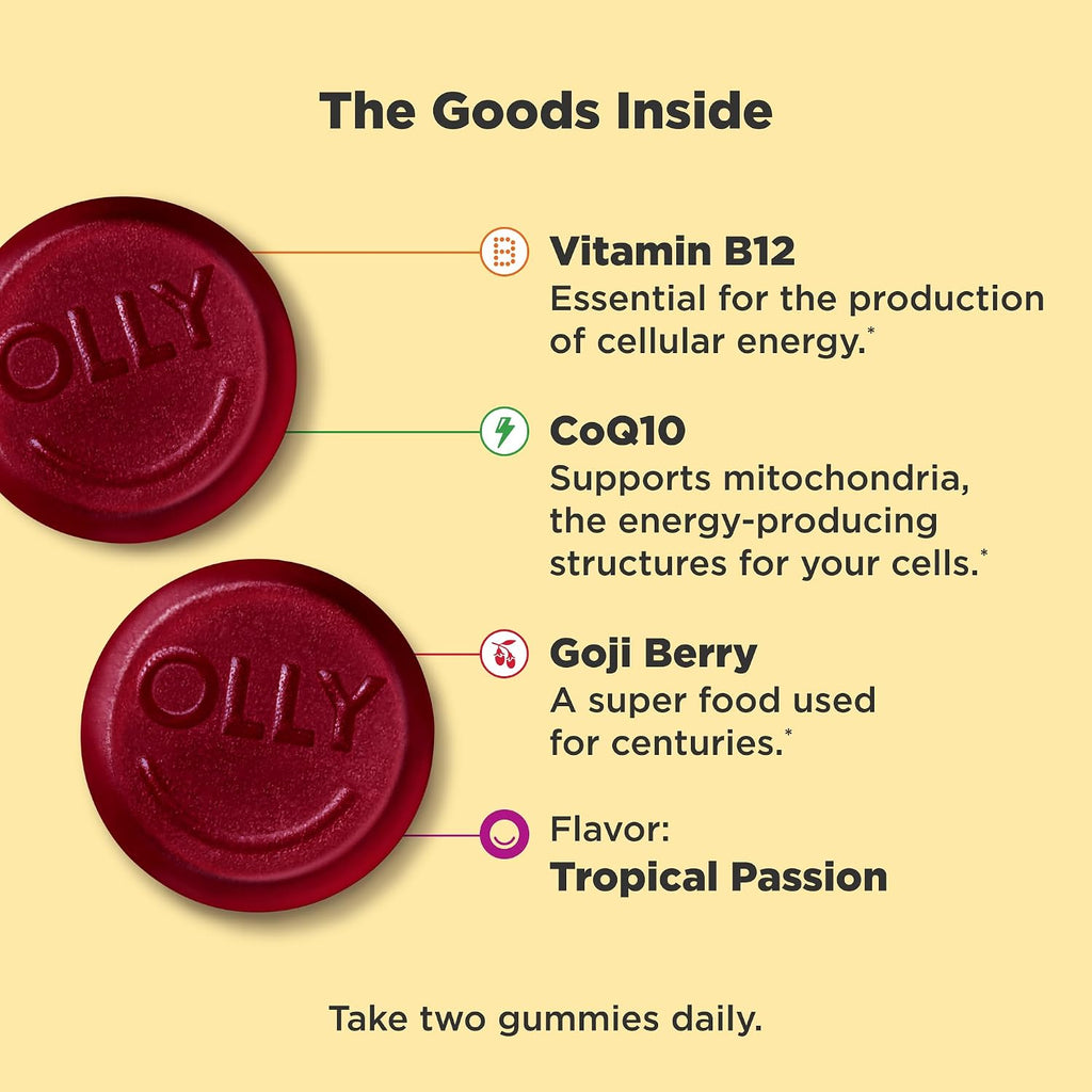 OLLY Daily Energy Gominolas de Energía, Sin Cafeína, B12, CoQ10, 60 unidades