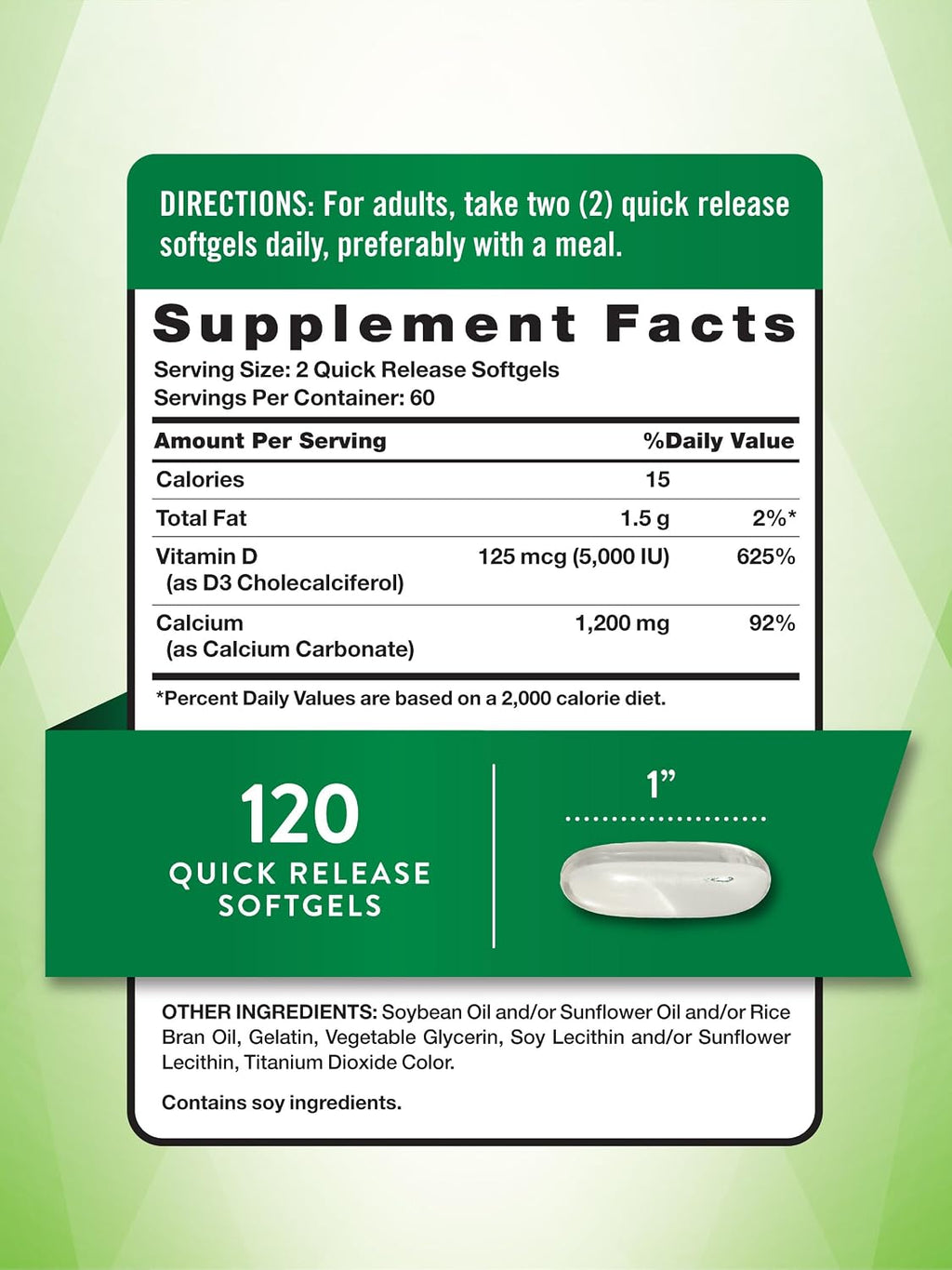 Nature's Truth Calcio 1200 mg con Vitamina D3 5000 UI, 120 comprimidos (Pack de 3)