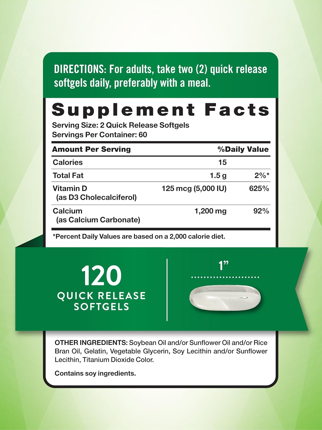 Nature's Truth Calcio 1200 mg con Vitamina D3 5000 UI, 120 comprimidos (Pack de 3)