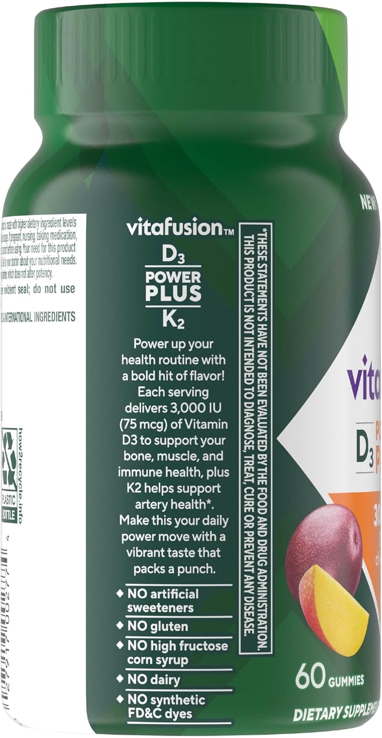 Vitafusion Power Plus Vitamina D3 K2 Gomitas, 3000 UI, 60 Unidades, Sabor Tropical Punch
