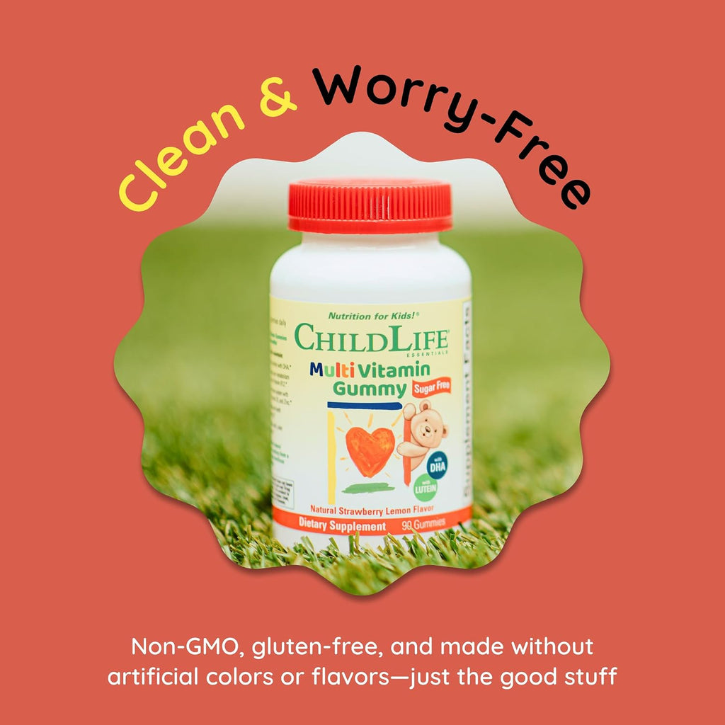 CHILDLIFE ESSENTIALS Multivitamin Gummies for Kids - Gominolas multivitamínicas para niños con DHA, sin azúcar, sabor fresa natural, 90 unidades
