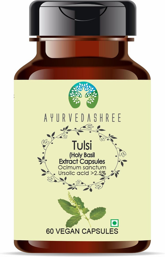 AYURVEDASHREE Tulsi Extracto 500mg - 60 Cápsulas Vegetarianas | Ocimum Sanctum | 100% Natural | Vegano | Sin Gluten