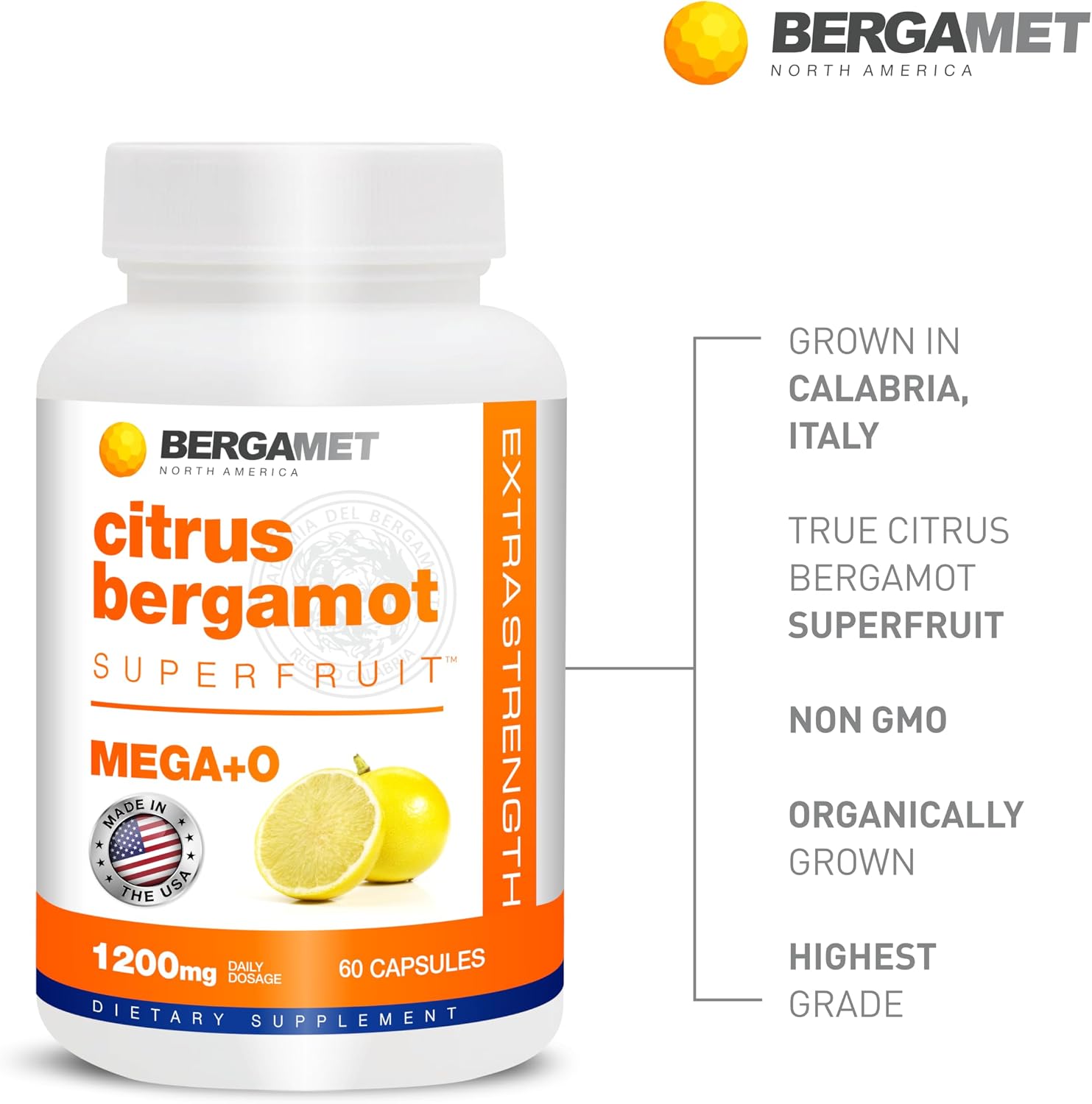 BergaMet Suplemento de Citrus Bergamot, Extracto 170:1, 1200mg, 80% Polifenoles, 60 Cápsulas