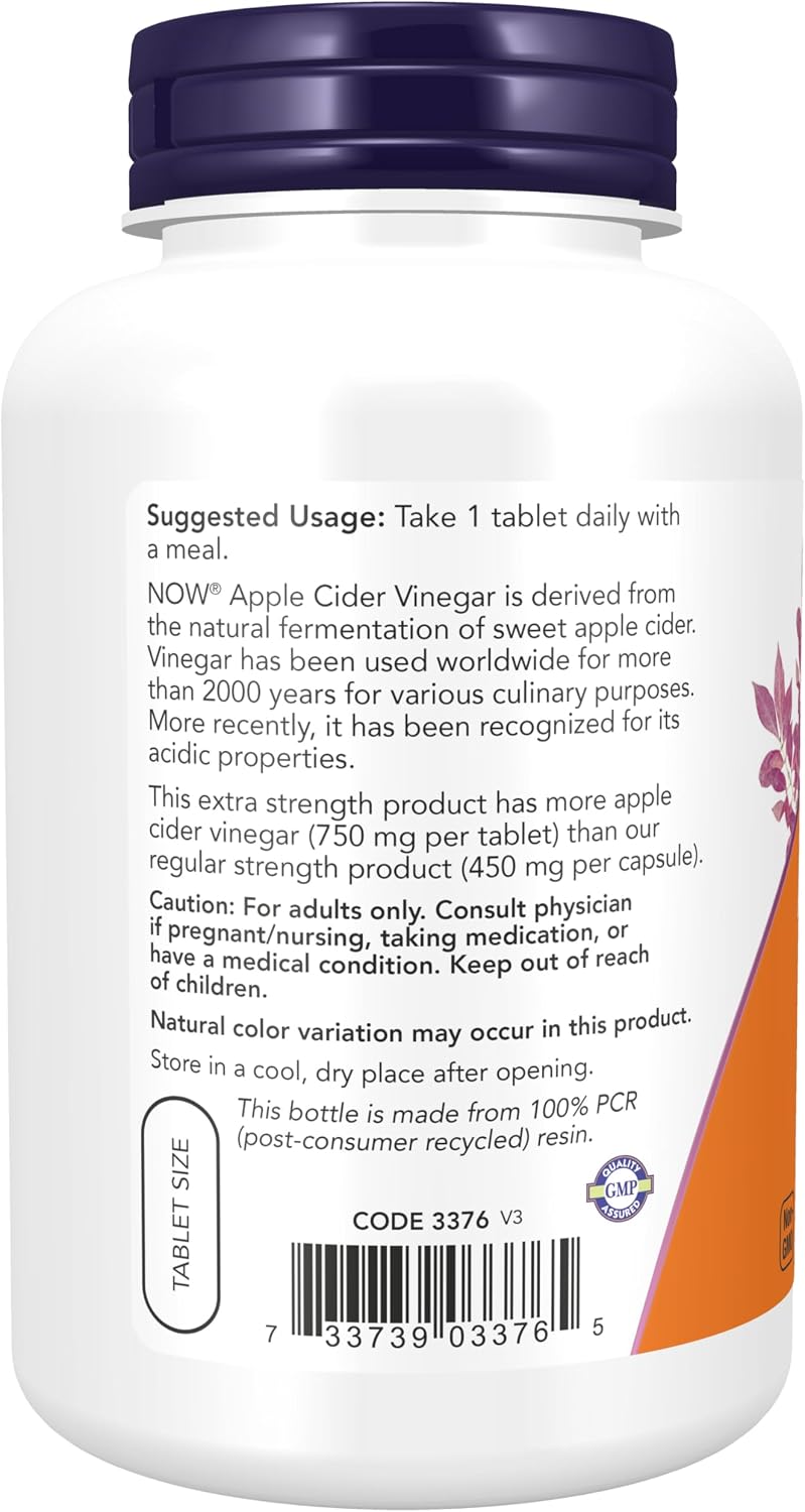NOW Foods Vinagre de Manzana en Comprimidos, 750 mg, Extra Strength, 180 Comprimidos