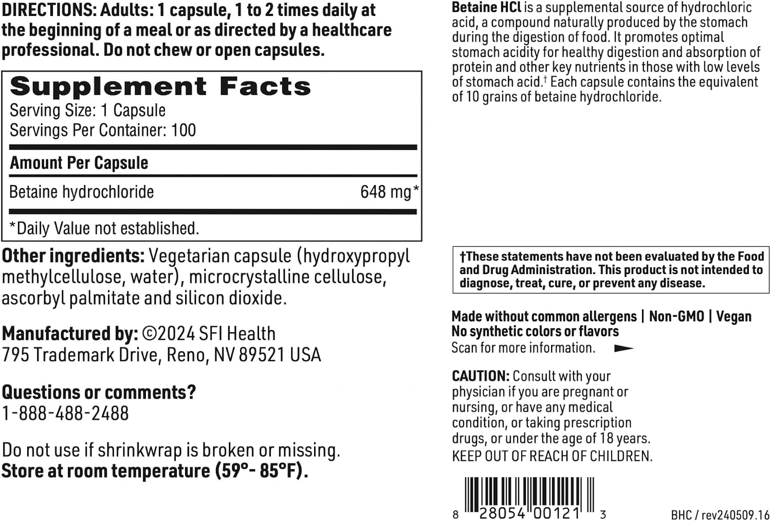Klaire Labs Betaína HCl 648mg - Suplemento Digestivo Hipoalergénico, 100 Cápsulas