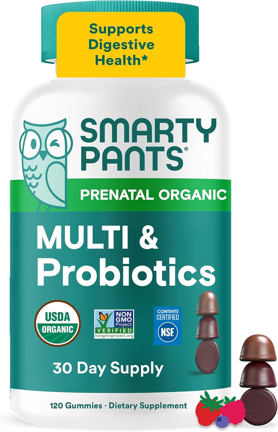SmartyPants Vitaminas Prenatales Orgánicas para Mujeres - Gominolas Multivitamínicas con Probióticos, Metilfolato, Omega 3 (ALA), Vitamina D3, C, B12, B6, A, K2, Zinc y Colina - 120 unidades (30 días)
