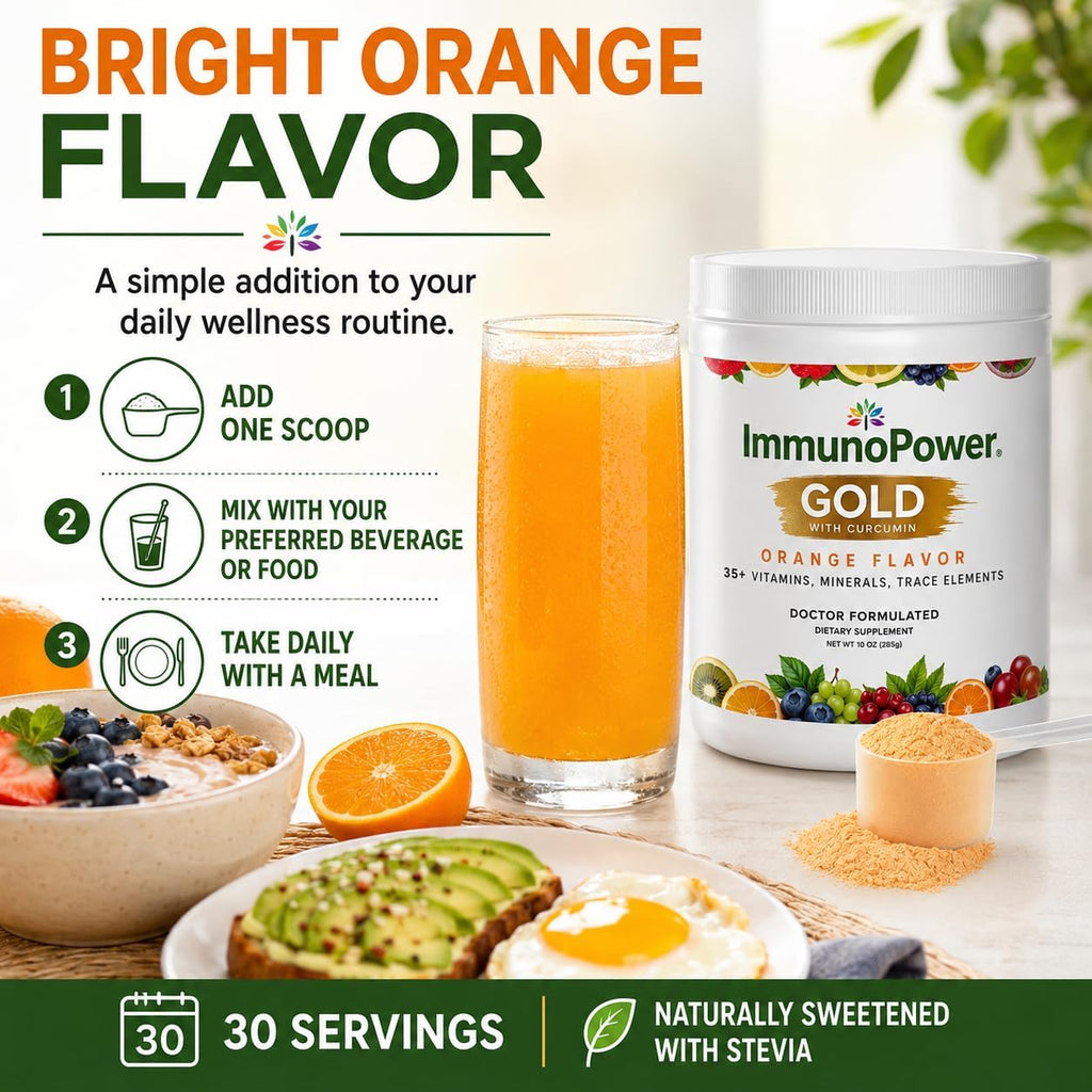 ImmunoPower Gold - Cúrcuma de Alta Absorción con BioPerine y 35+ Nutrientes - Sabor Naranja