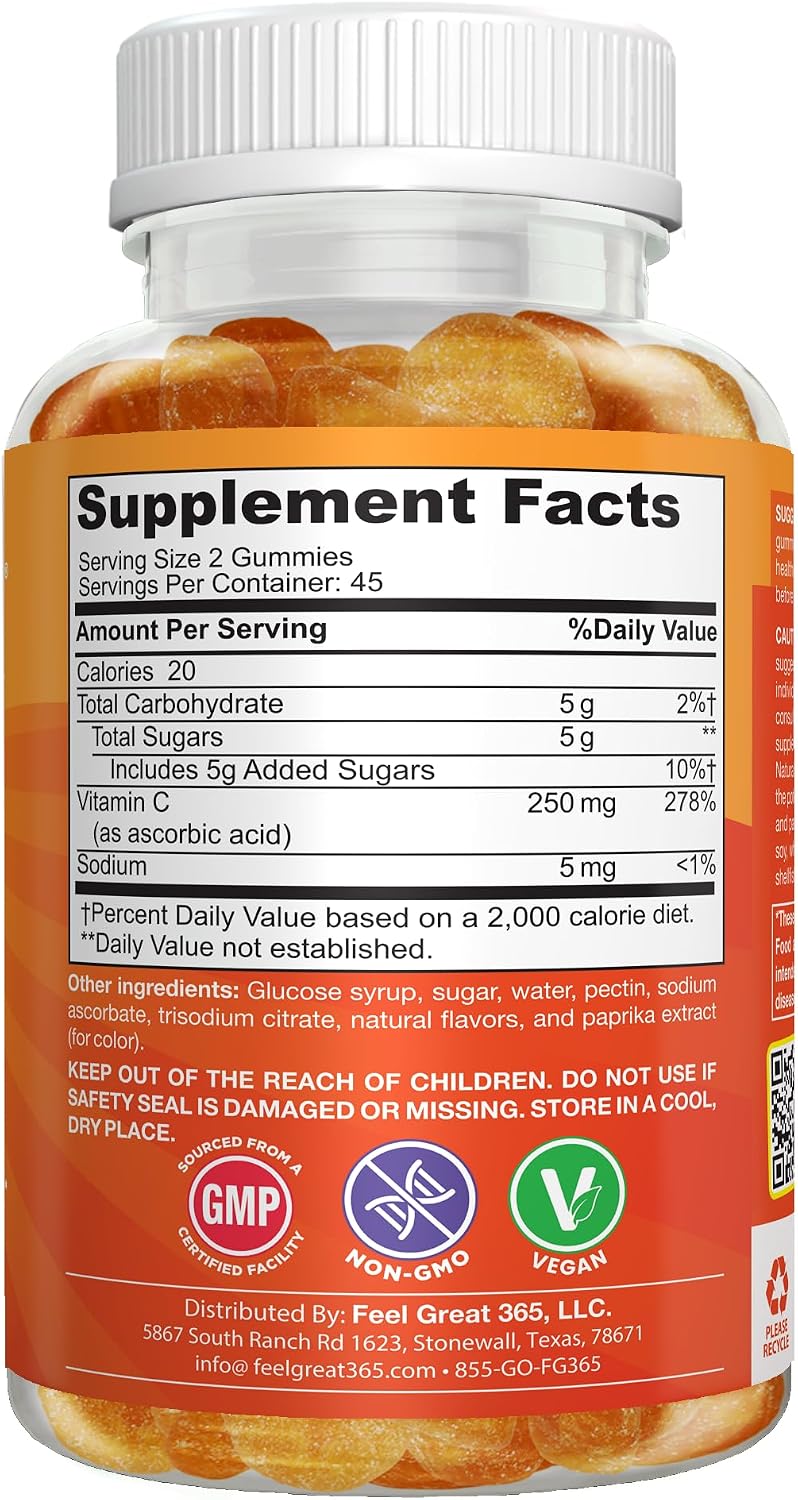 Feel Great Gummies de Vitamina C para Niños – 90 Gummies – 250 mg por ración
