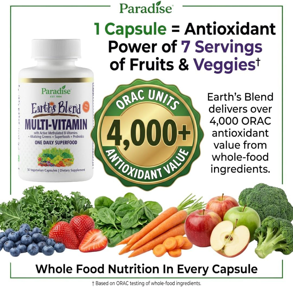 Paradise Herbs Earth's Blend Multivitamínico Diario con Hierro, 48 Superalimentos Orgánicos, Probióticos, Antioxidantes, Vitaminas A, B12, C, D, K2, 30 Cápsulas