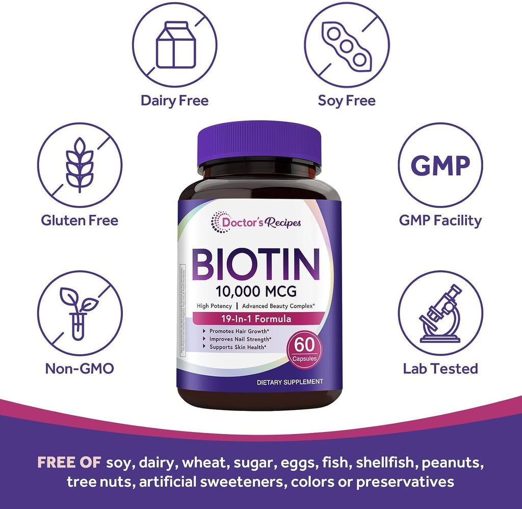 Doctor's Recipes Biotin Complex, 10.000 mcg, 60 Cápsulas - Complejo para Cabello, Piel y Uñas con Colágeno, Keratina, MSM y Vitaminas
