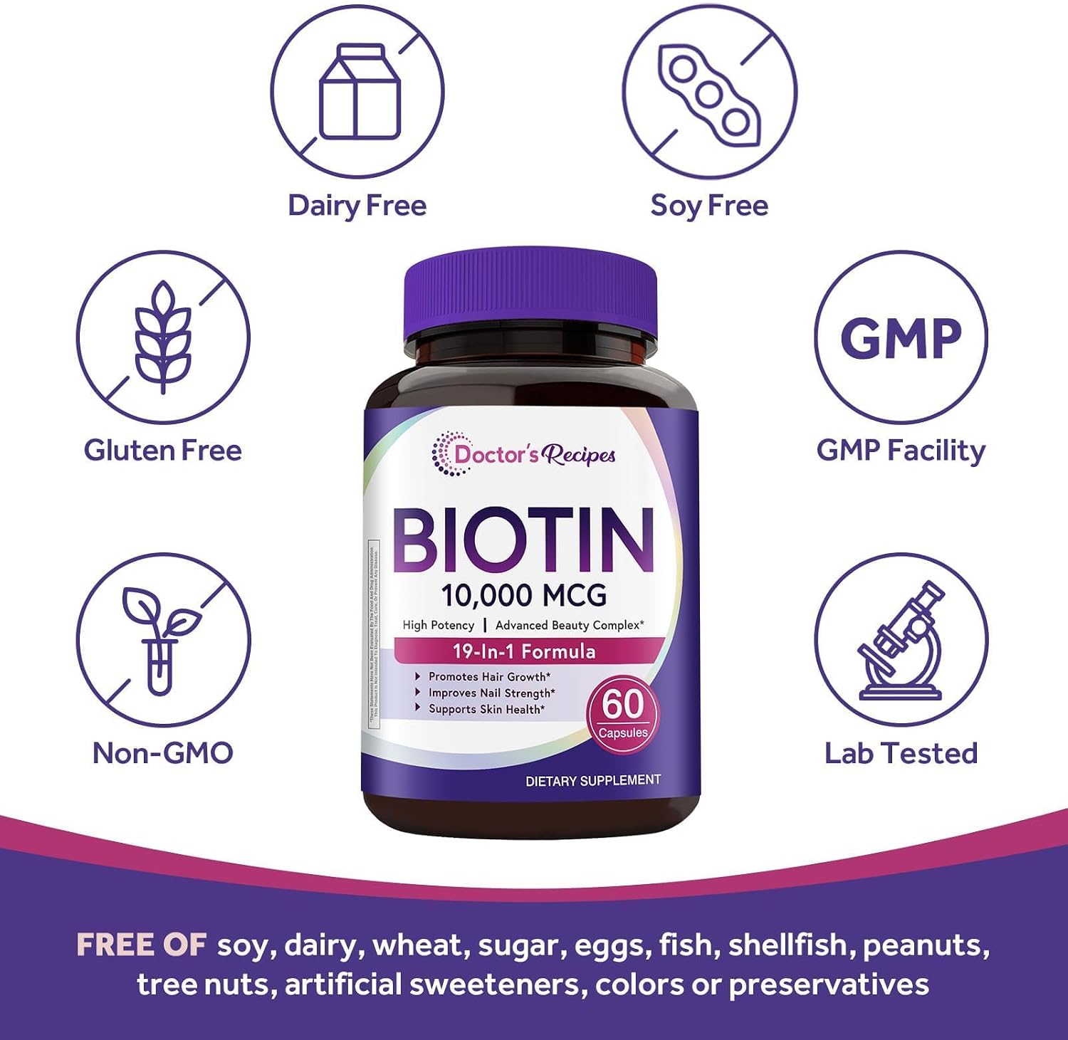 Doctor's Recipes Biotin Complex, 10.000 mcg, 60 Cápsulas - Complejo para Cabello, Piel y Uñas con Colágeno, Keratina, MSM y Vitaminas