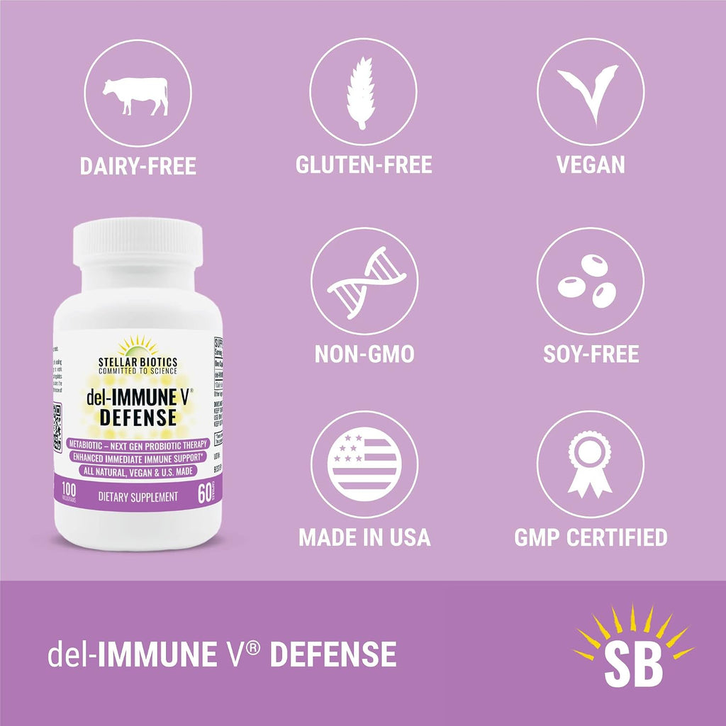 Del-Immune V® Defense by Stellar Biotics – Metabiótico Natural para el Apoyo Inmune y la Salud Intestinal (60 Cápsulas)