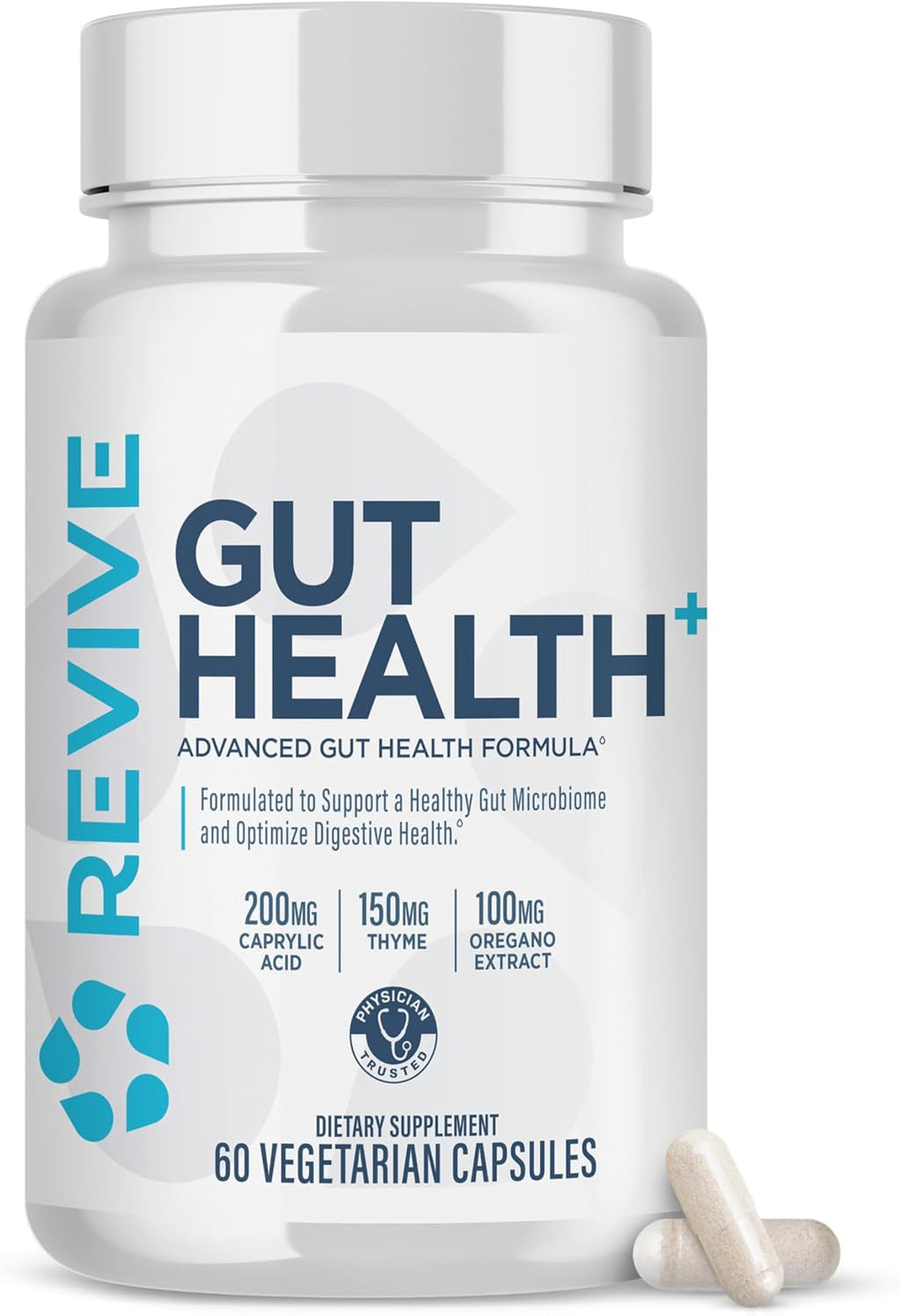 Revive MD Gut Health+ – Suplemento para la Salud Digestiva con Tomillo, Orégano y Cardo Mariano – Vegano, Sin Gluten (60 Cápsulas)