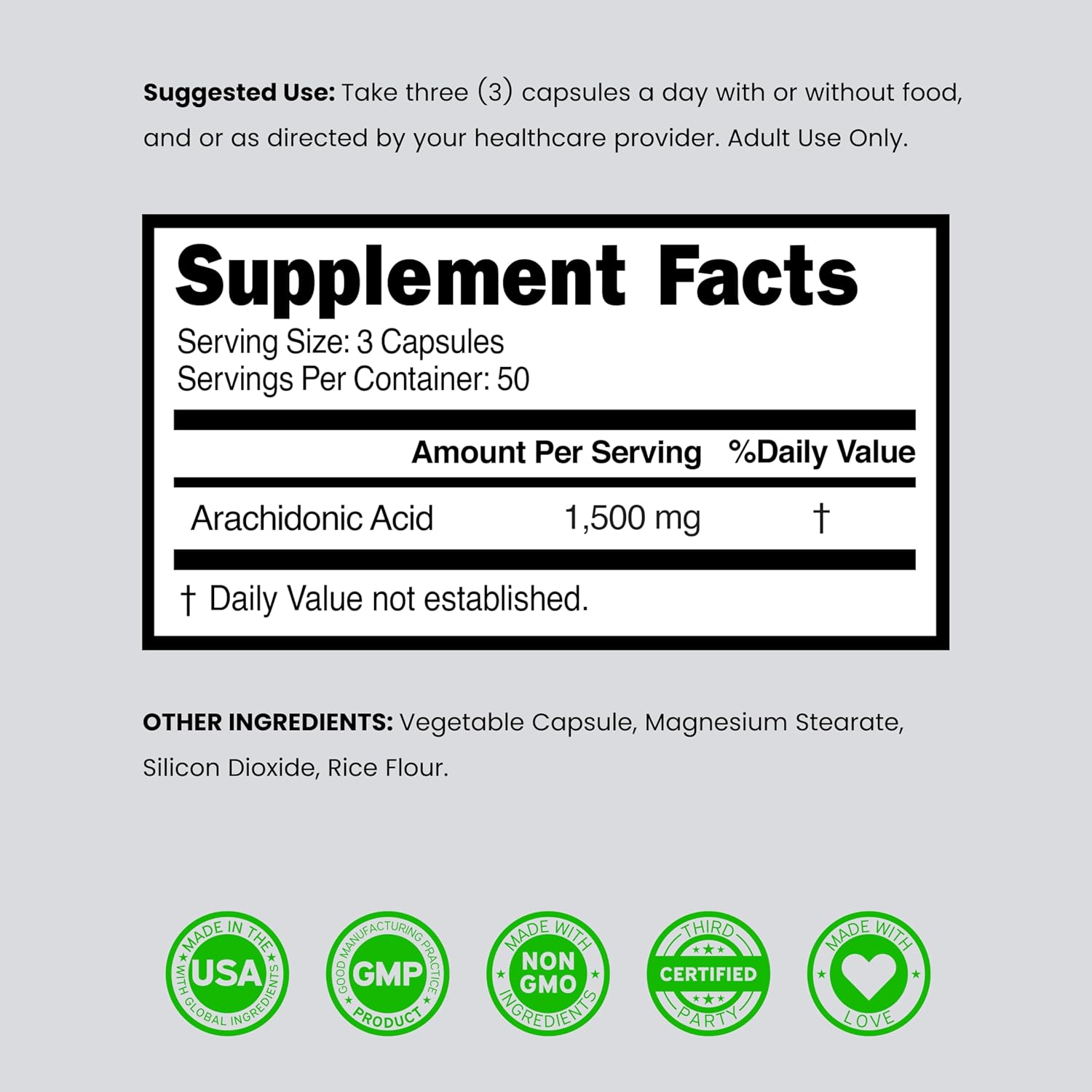 Suplemento de Ácido Araquidónico 1500mg (150 Cápsulas) - Apoyo Muscular y de Fuerza para Hombres y Mujeres - Sin Gluten y No GMO - Probado por Terceros