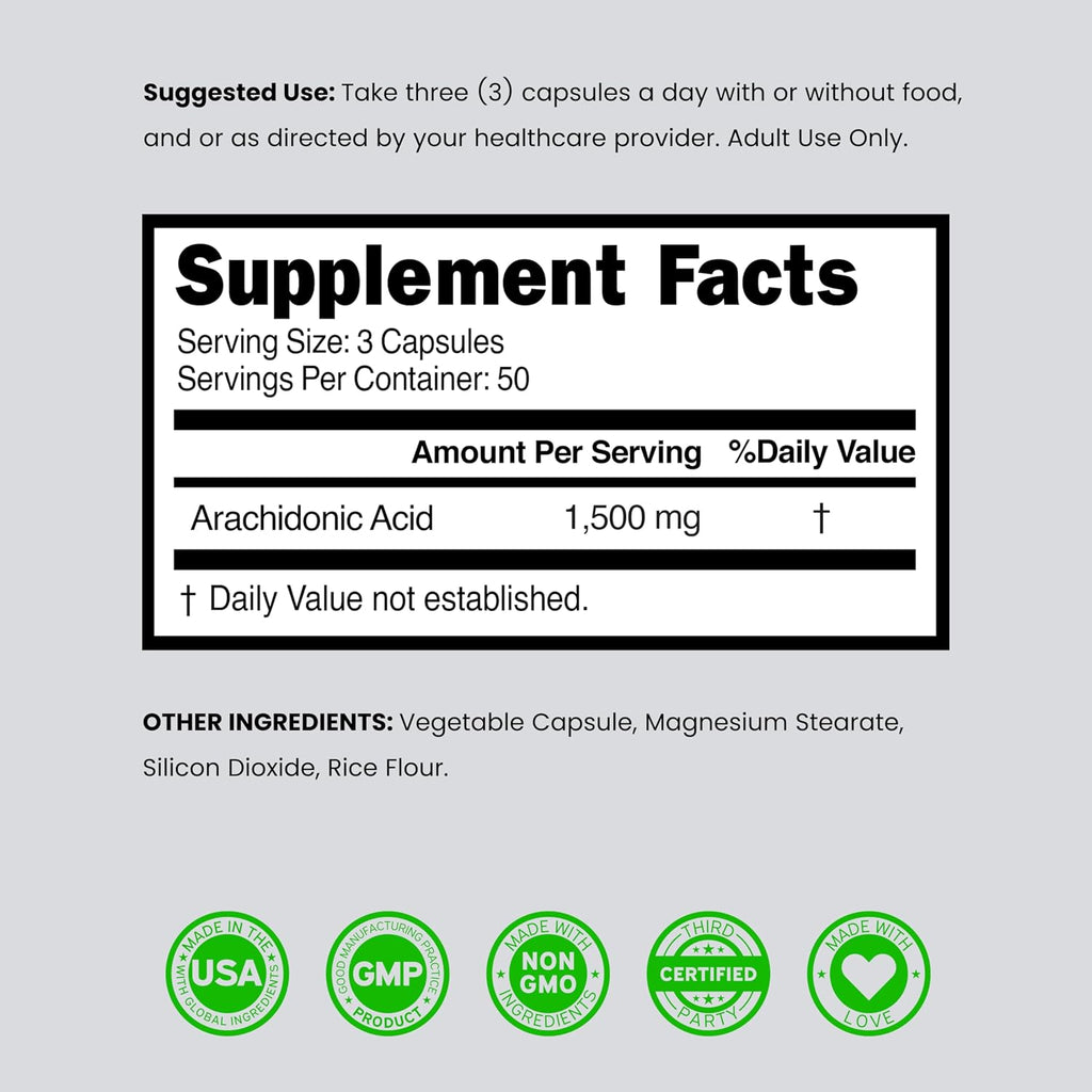 Ácido Araquidónico 1500mg (150 Cápsulas) - Suplemento para Masa Muscular y Fuerza
