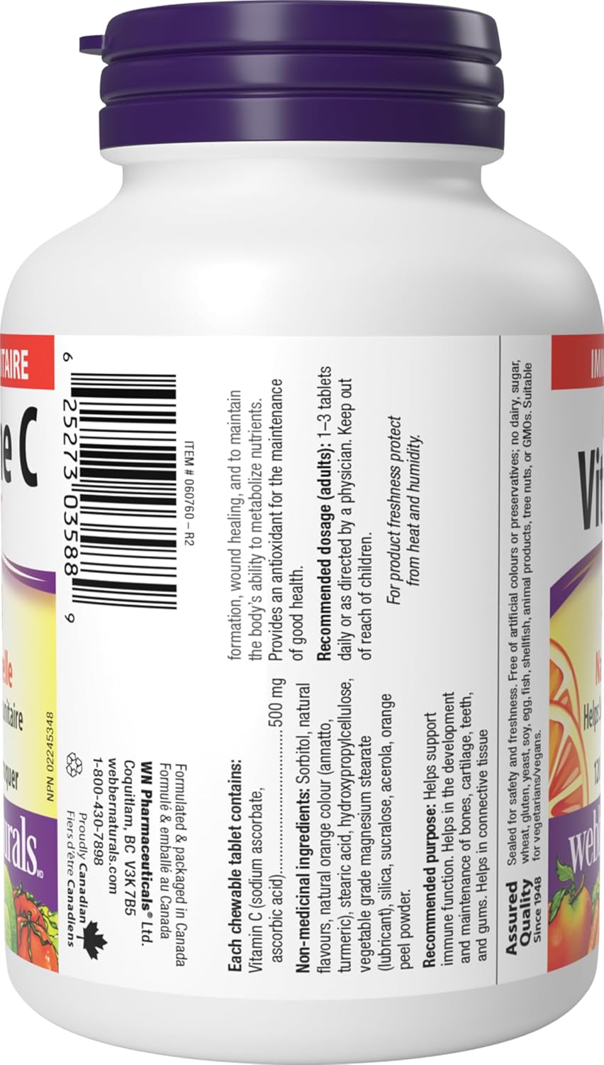 Webber Naturals Vitamina C Masticable 500 mg, 120 Comprimidos Sabor Naranja