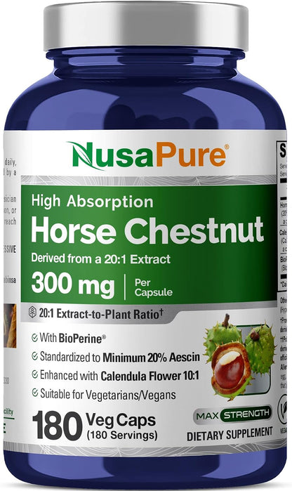 NusaPure Cápsulas de Castaño de Indias, 300 mg, 180 Cápsulas Veganas (No Transgénico, Vegano) – Image 1