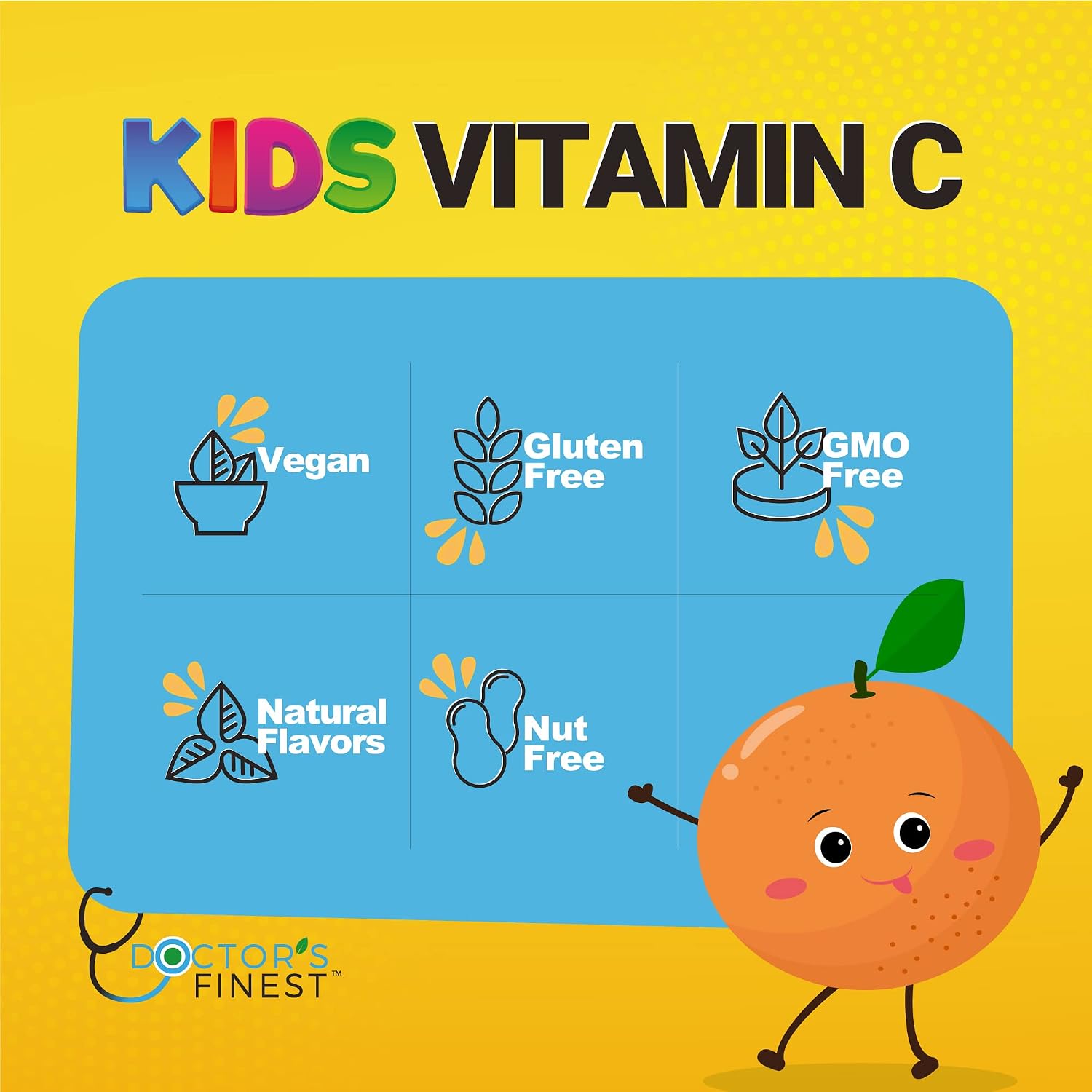Doctors Finest Gomitas de Vitamina C para Niños – Vegano, Sin Gluten – Sabor Naranja – 250mg – 90 Gomitas (45 Dosis)